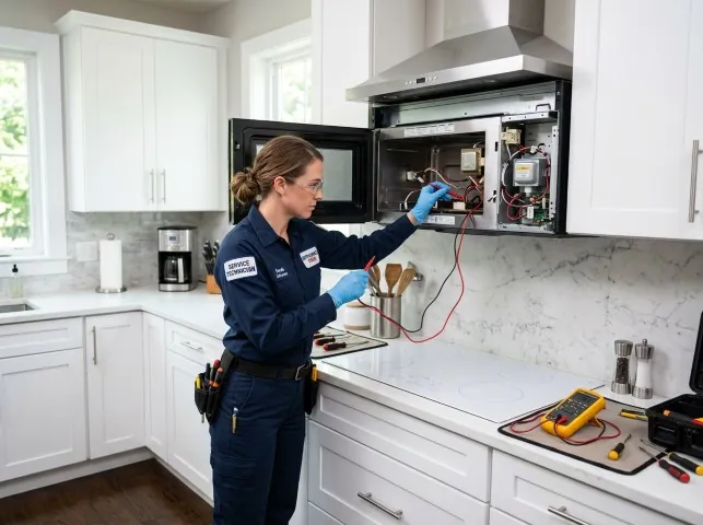 Appliance Repair Hero technician testing an over-the-range microwave in a Altamahaw, NC kitchen